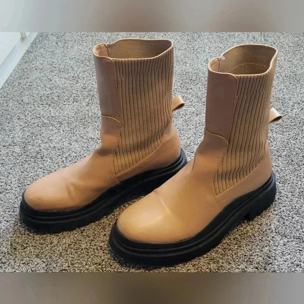 Camel Knitted Panel Wave Sole Chunky Calf High Ankle Boots, womens size 9 - Picture 5 of 12